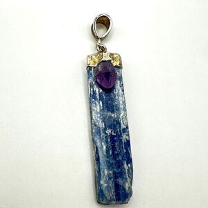 Raw, rough cut blue Kyanite and amethyst crystal, silver tone metal pendant!